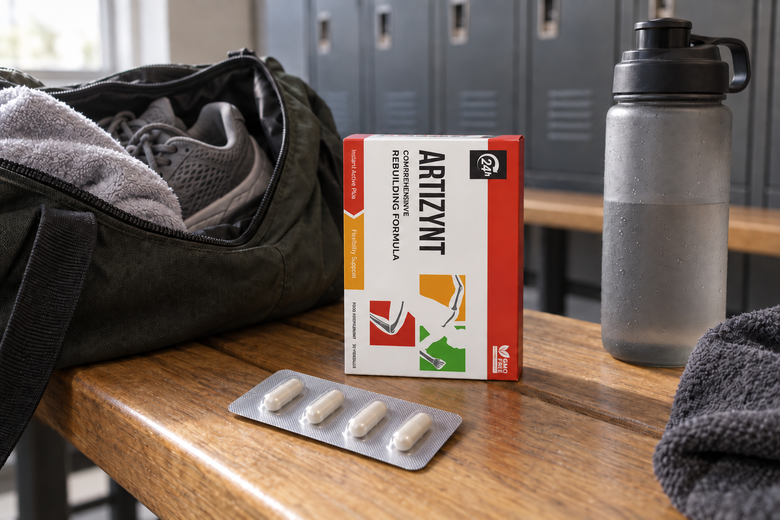 ArtiZynt-Packung und Blister mit Kapseln neben Sporttasche, Laufschuhen und Trinkflasche